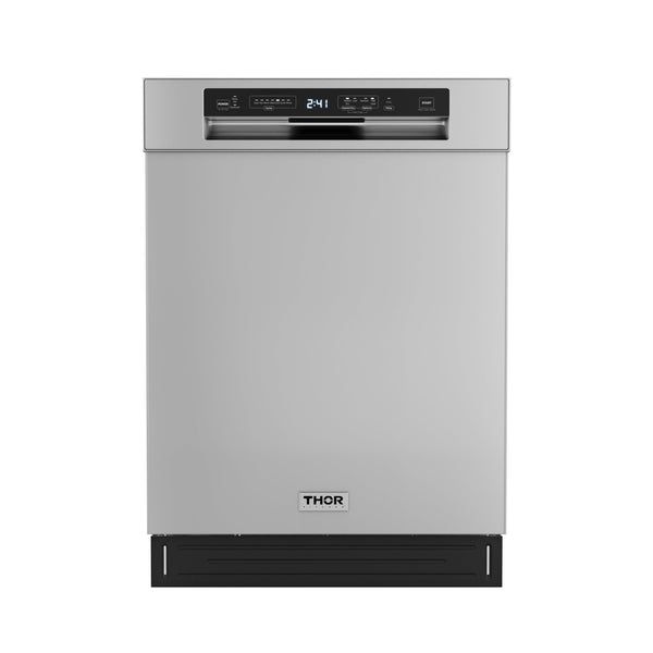 Frontvy av en modern diskmaskin i rostfritt stål från Thor Kitchen.